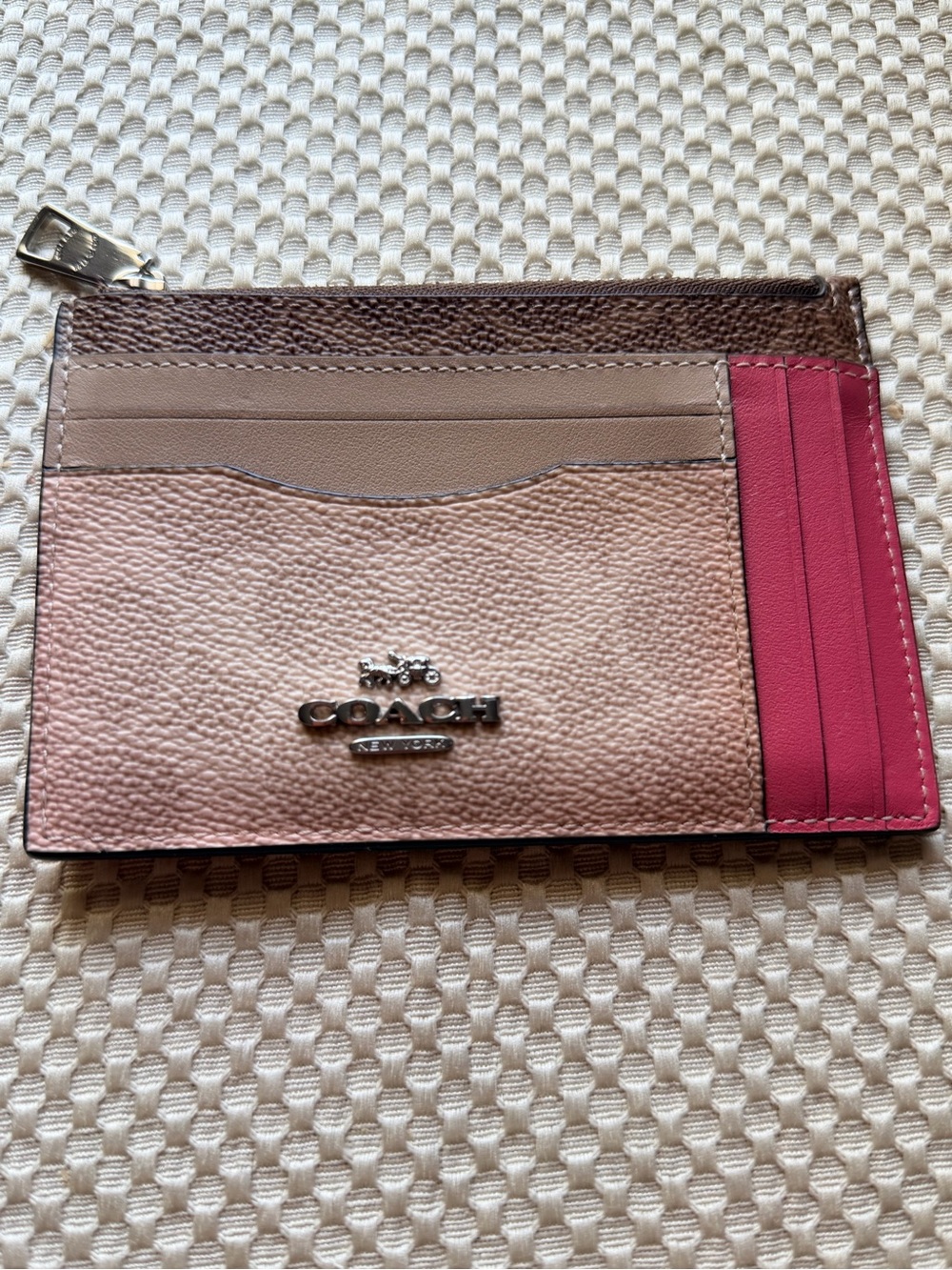 Coach Pink, Tan & Brown Leather Card Holder with Raspberry Accent - Picture 1 of 12